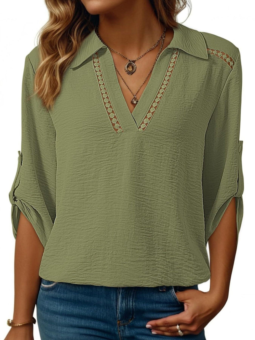 Johnny Collar Roll-Up Sleeve Blouse