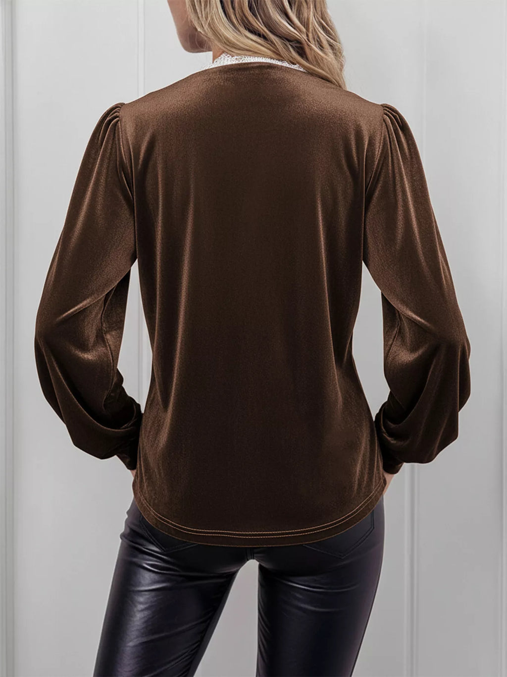 Lace Trim V-Neck Velvet Blouse