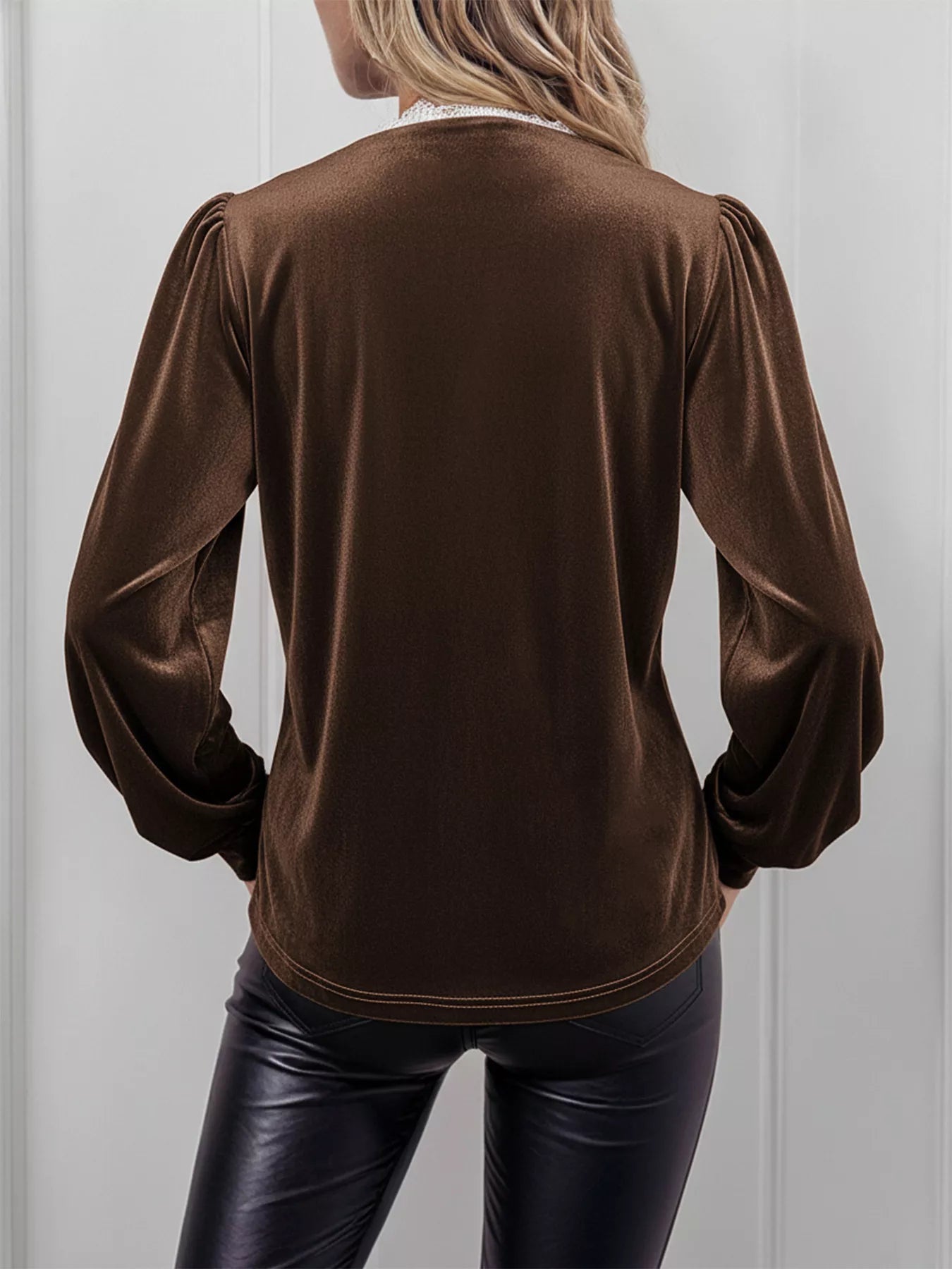 Lace Trim V-Neck Velvet Blouse