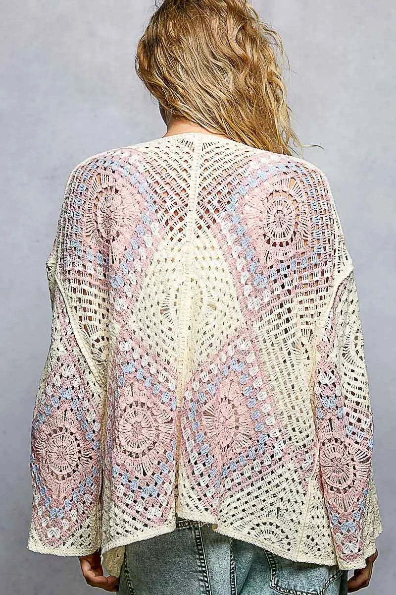 POL Open Front Crochet Cardigan with Granny Square Pattern