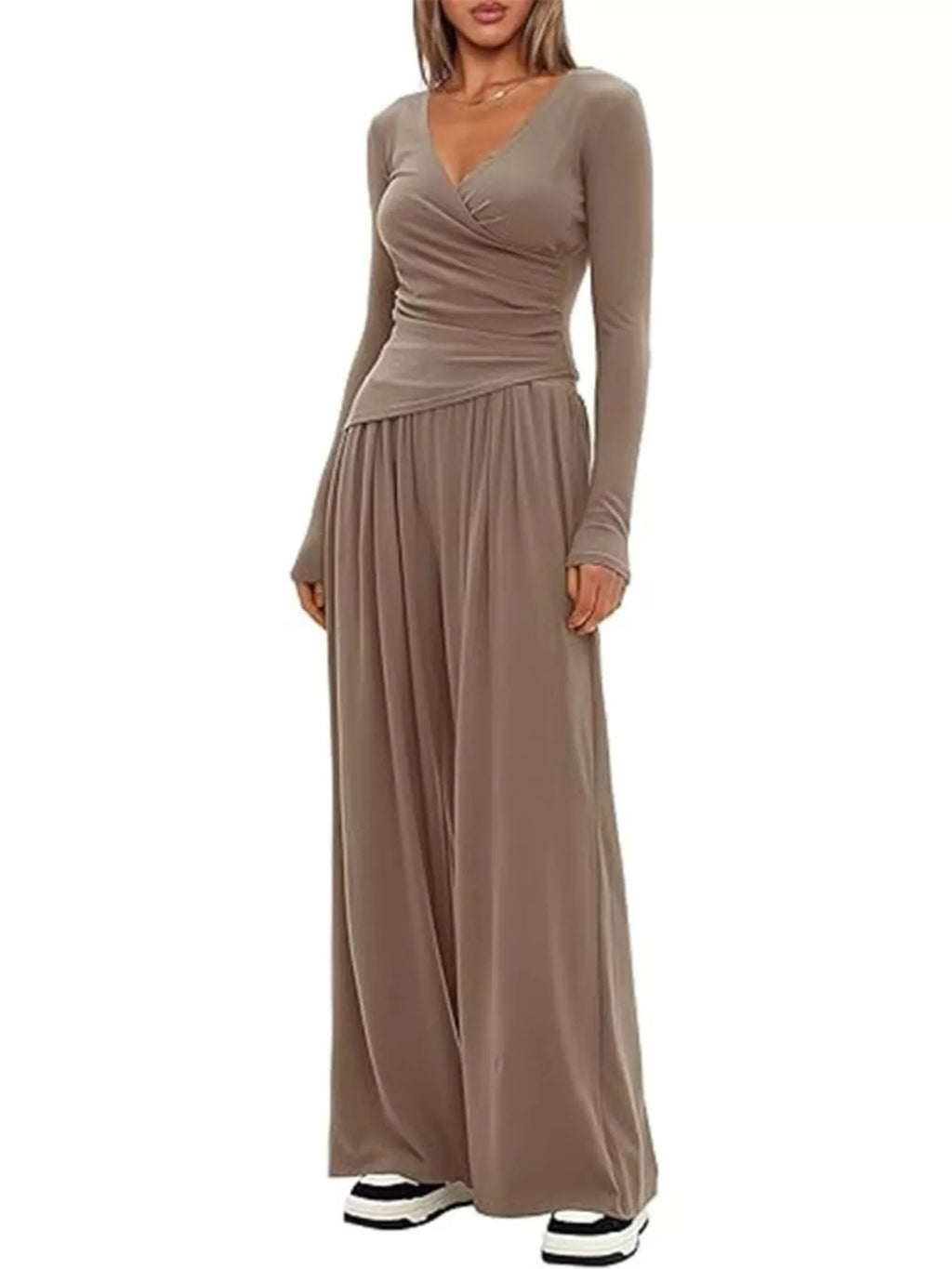 Casual Long Sleeve Top and Wide Leg Pants Set