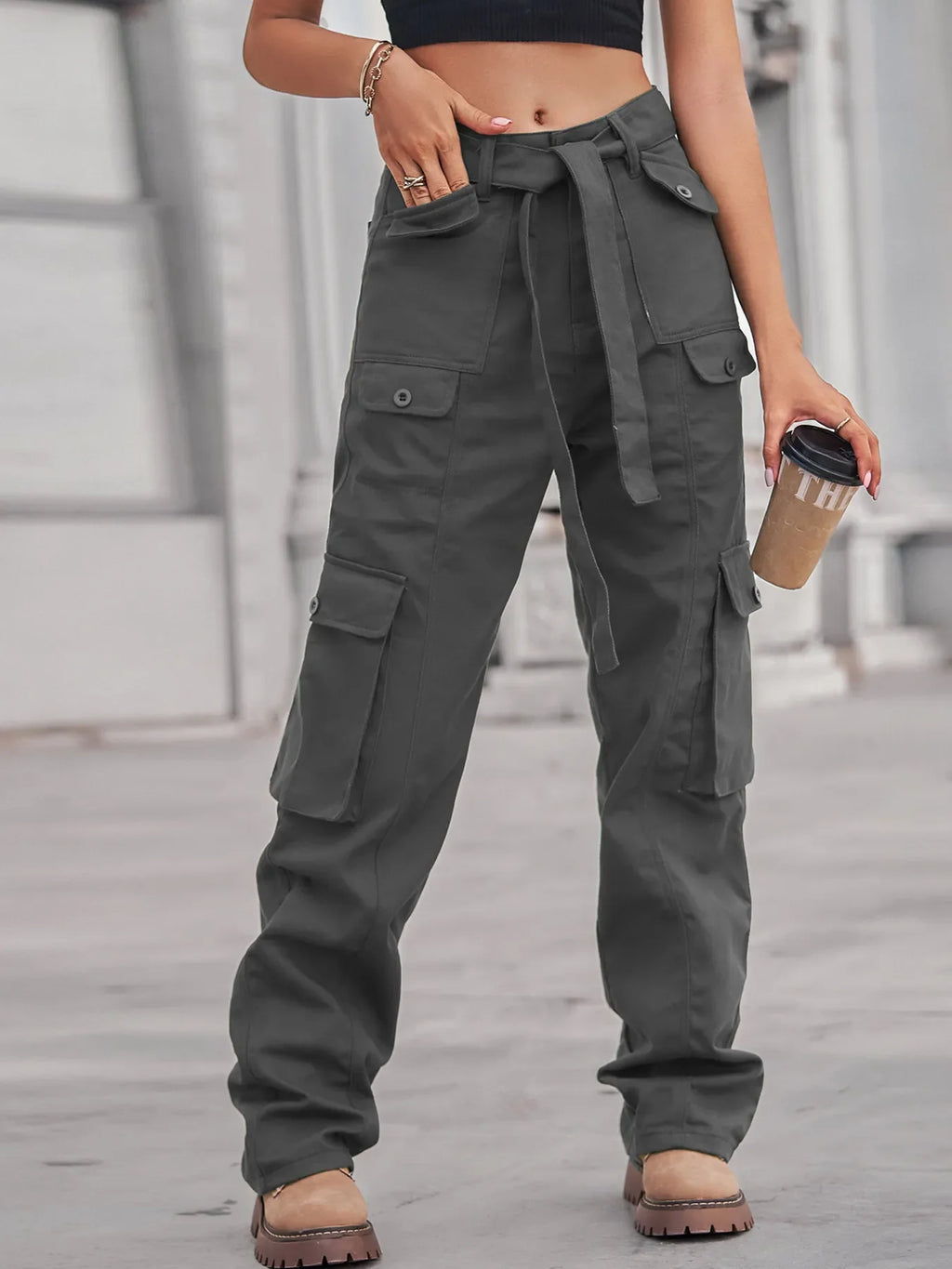 High-Waisted Multi-Pocket Cargo Jeans