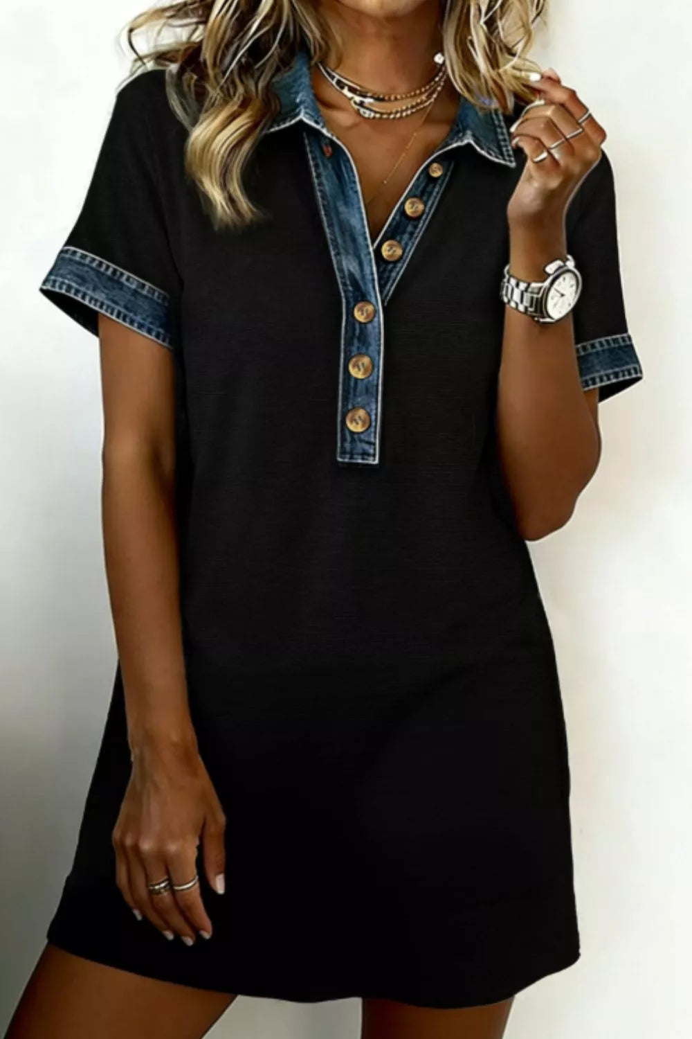 Casual Denim Trim Button-Down Mini Dress