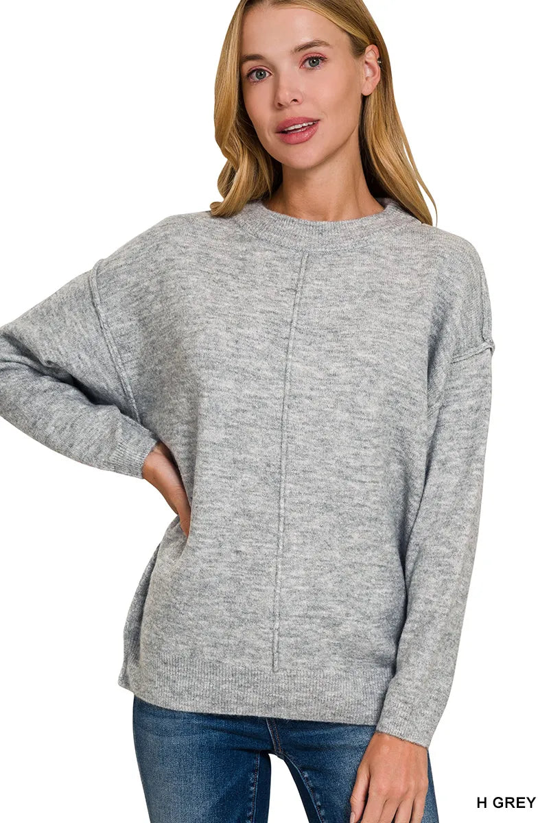 Zenana Melange Front Seam Round-Neck Sweater