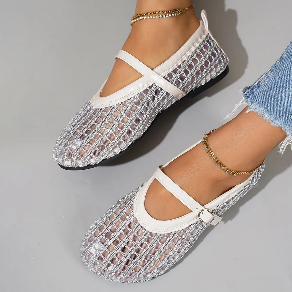 Woven Mesh Mary Jane Sandals with Buckle Strap