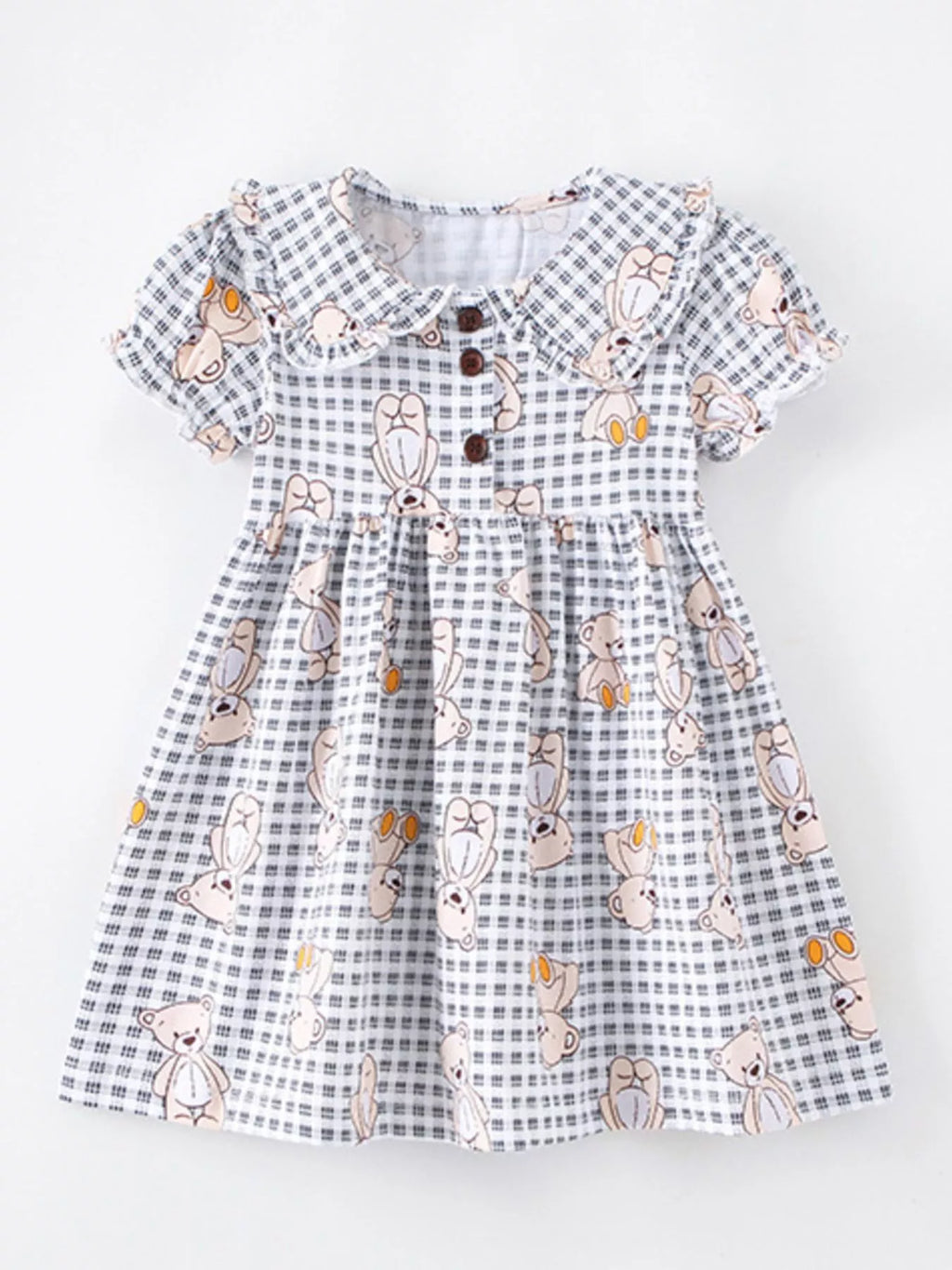 Children's Gingham Teddy Bear Print Peter Pan Collar Dress