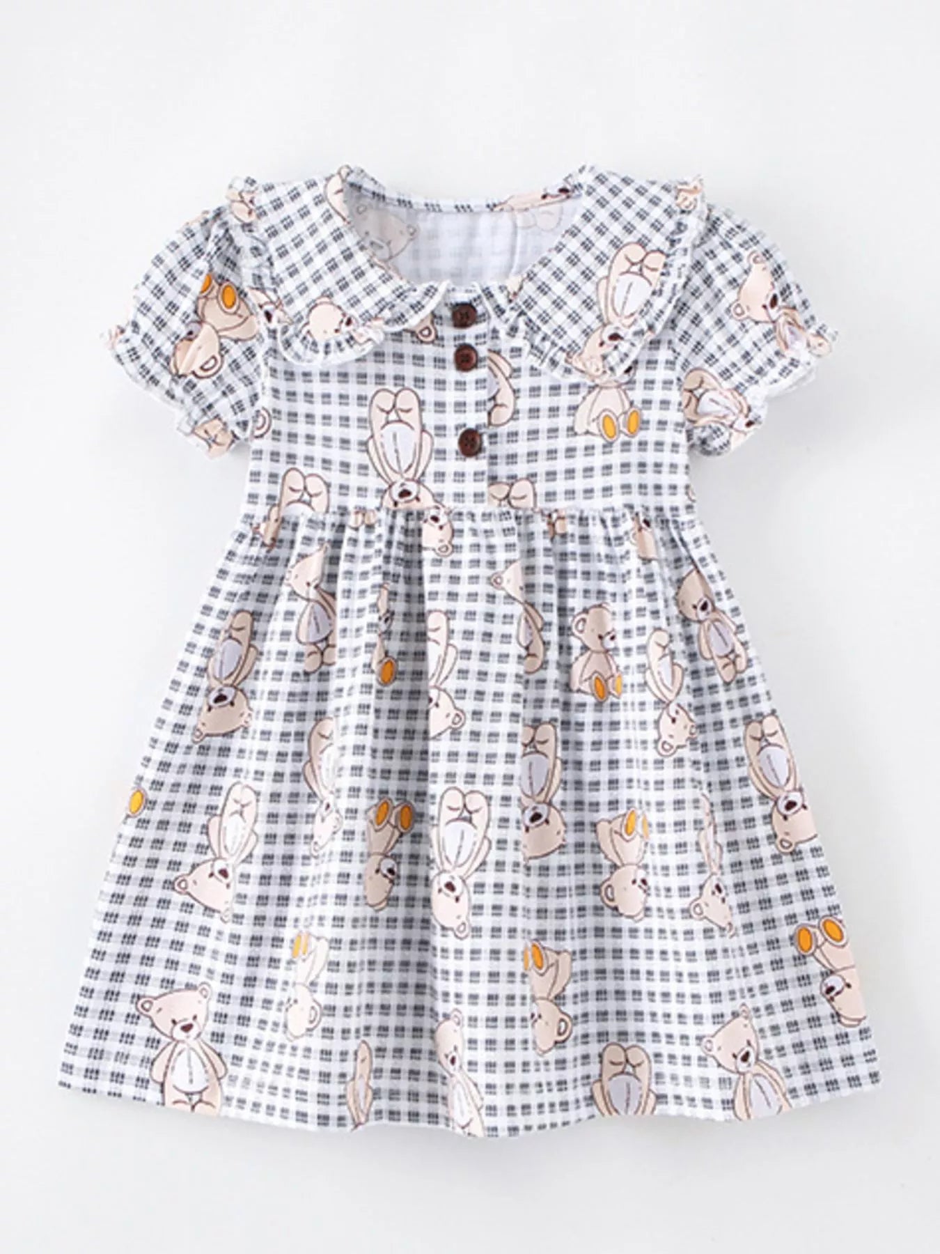 Children's Gingham Teddy Bear Print Peter Pan Collar Dress