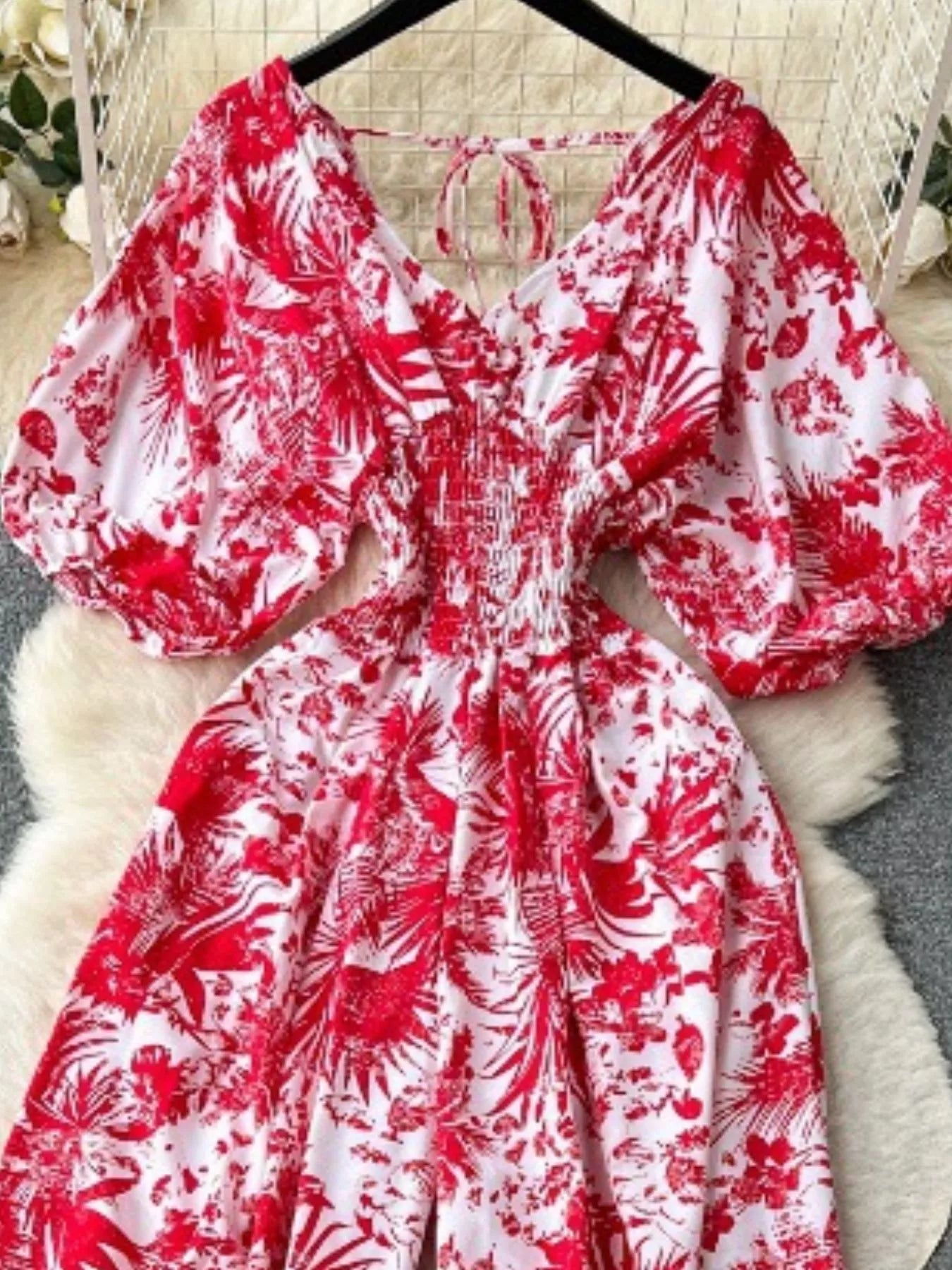 Smocked V-Neck Wide Leg Jumpsuit
