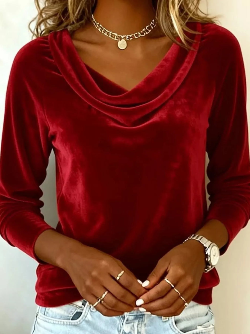 Velvet Cowl Neck Long Sleeve T-Shirt