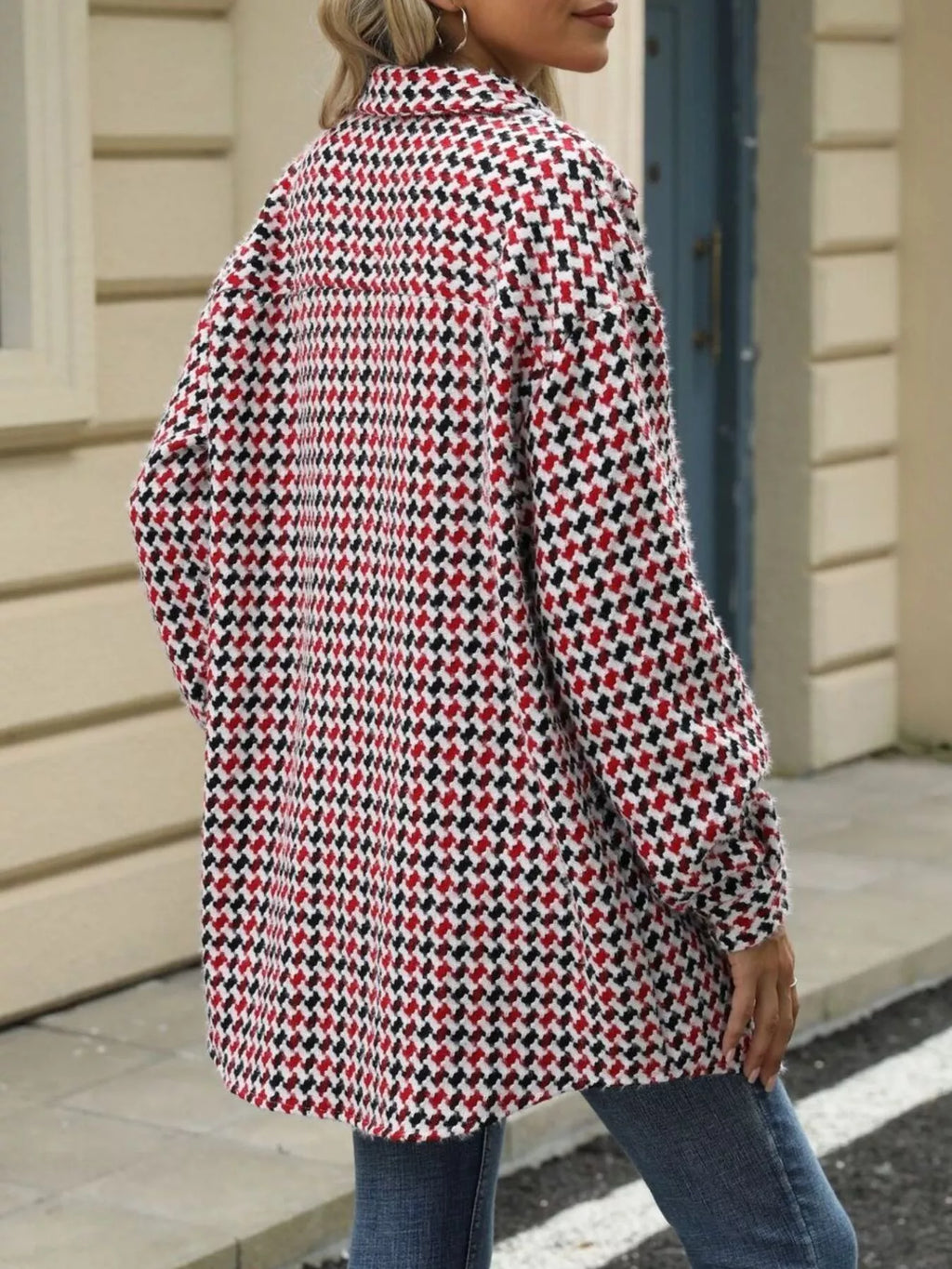 Houndstooth Button Up Long Sleeve Coat