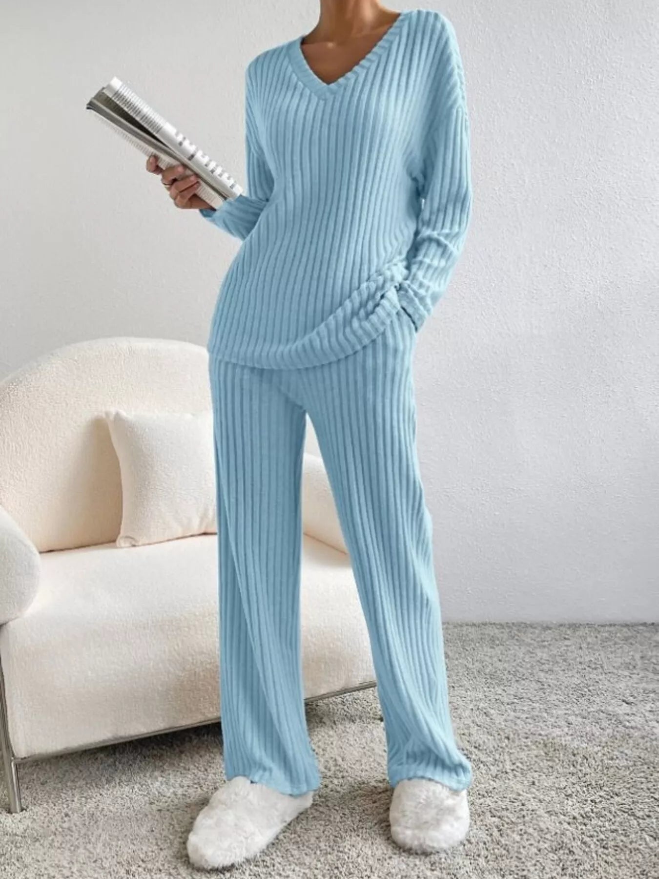 Ribbed Knit V-Neck Top and Pants Set