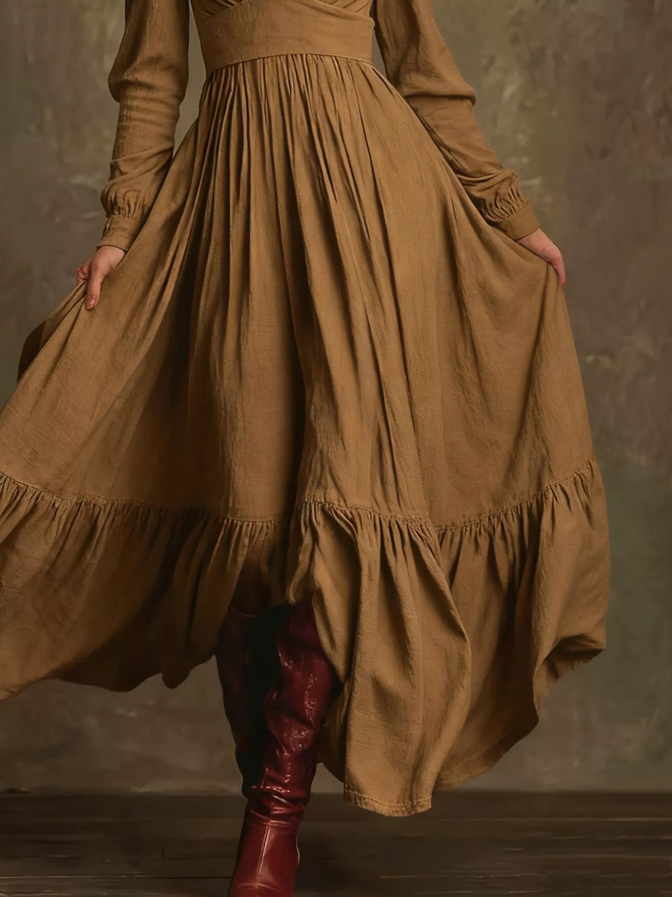 V-Neck Long Sleeve Ruffle Hem Dress