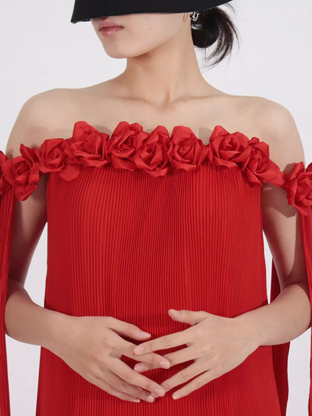 Off-Shoulder Floral Pleated Maxi Dress