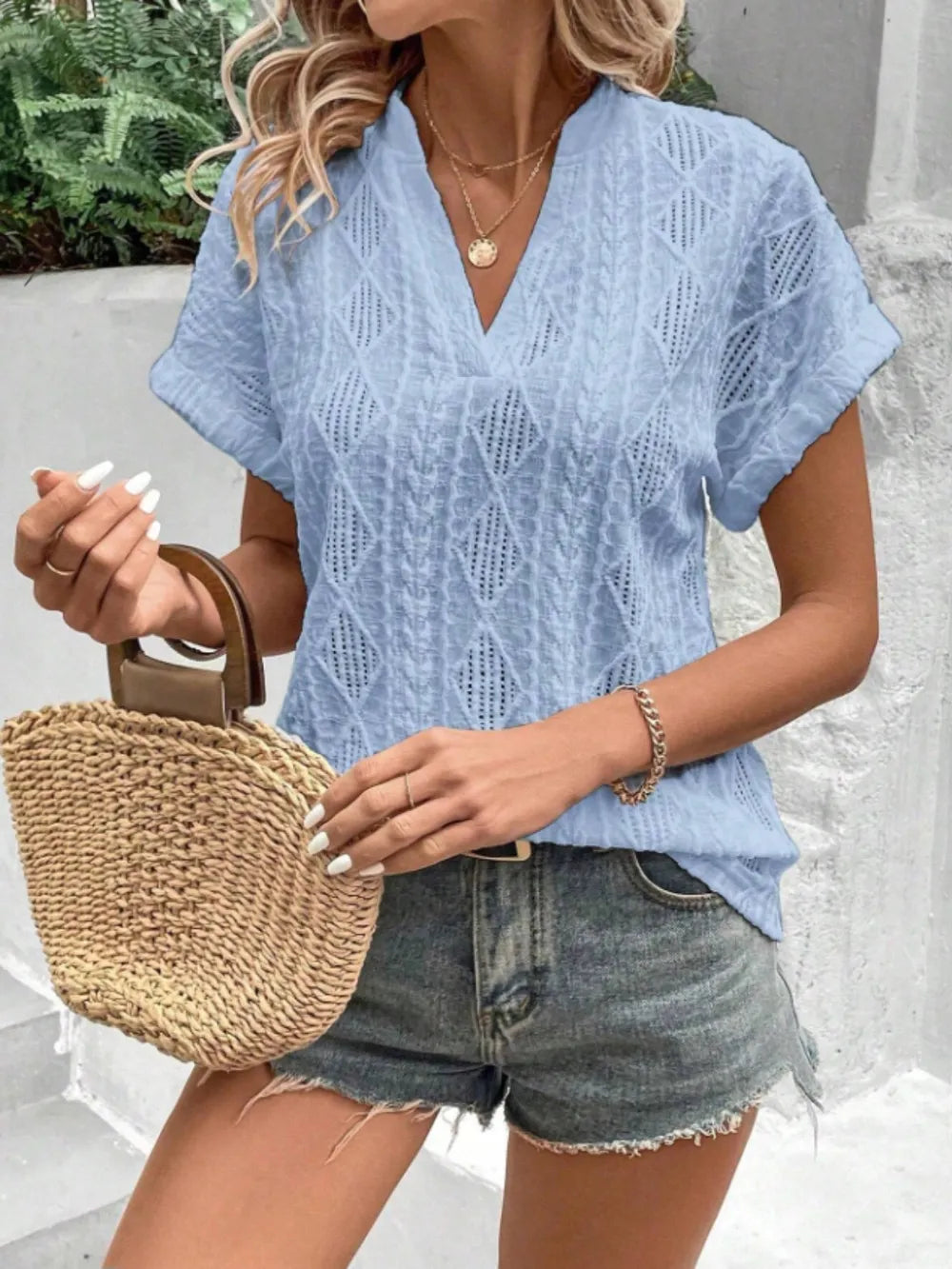 Openwork Notched Short Sleeve Blouse