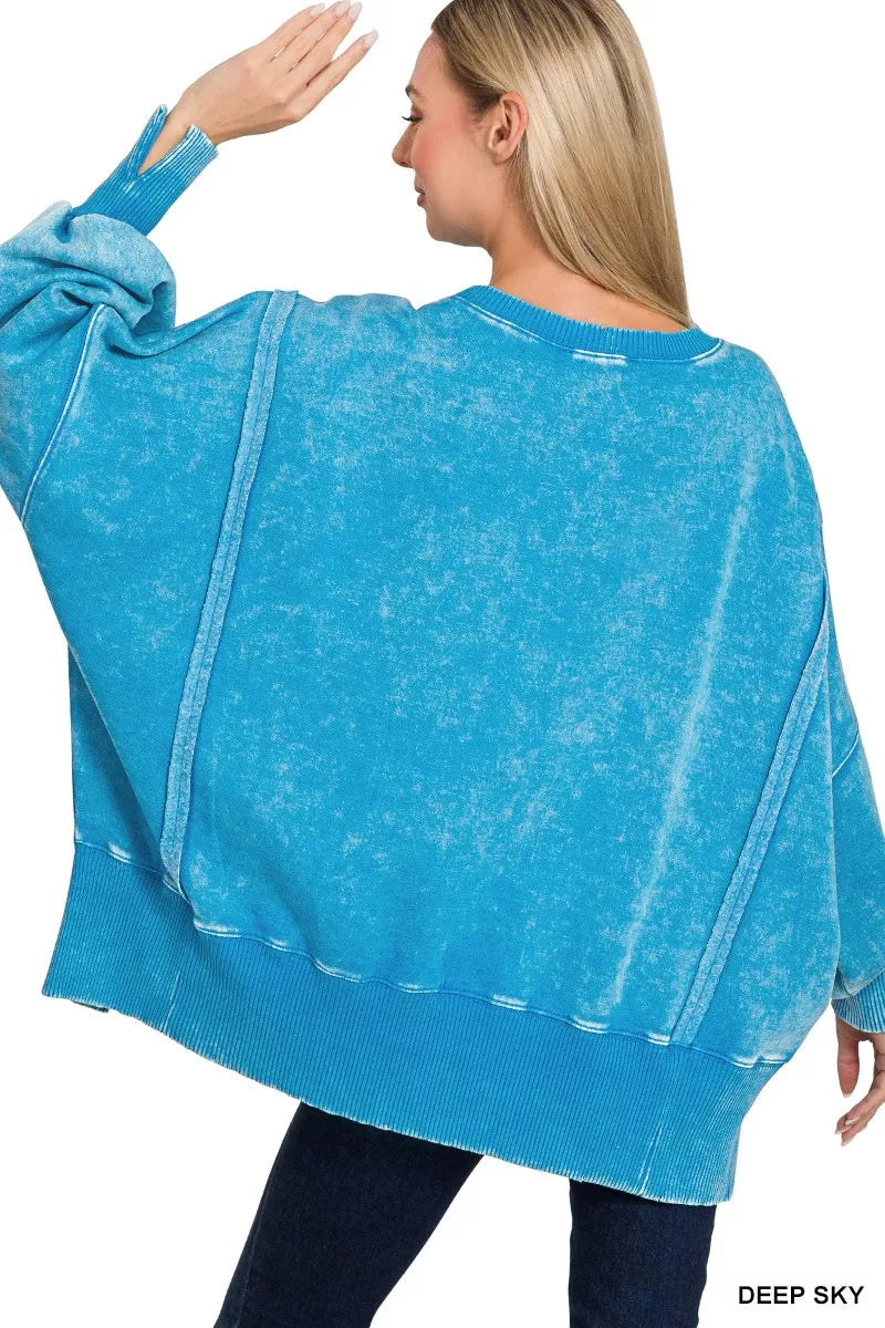 Zenana Acid Washed Batwing Sleeve Fleece Sweatshirt