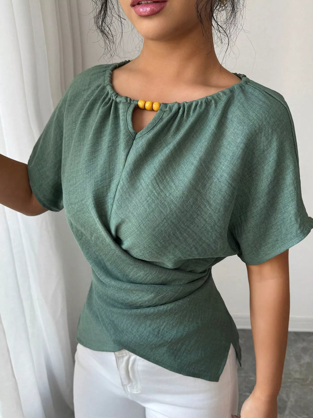 Beaded Neckline Short Sleeve Blouse