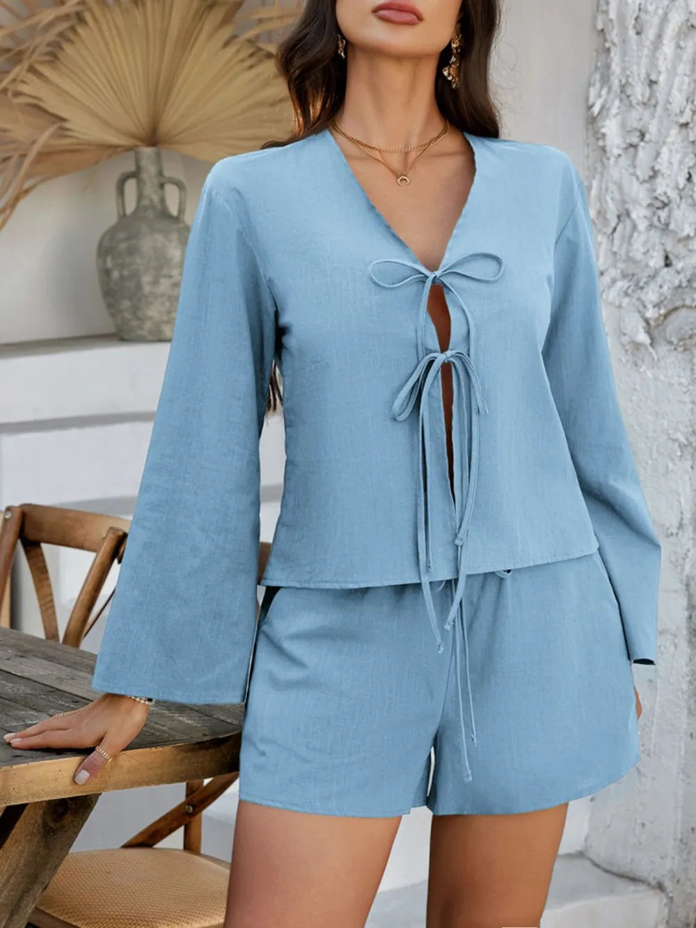 Devine Double Tied V-Neck Top and Shorts Set