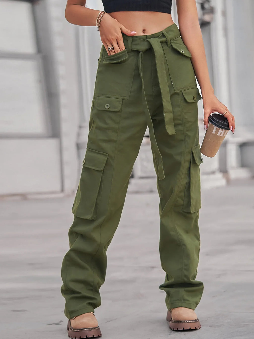 High-Waisted Multi-Pocket Cargo Jeans
