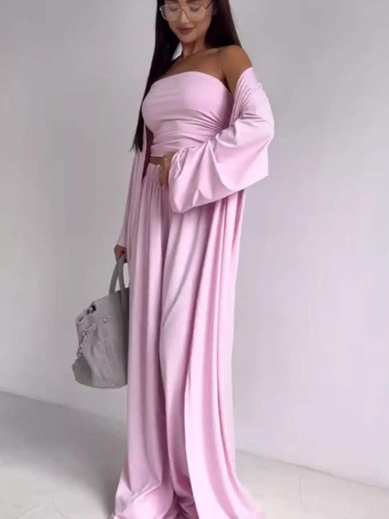 Tube Top & Cardigan & Wide Leg Pants 3-Piece Set