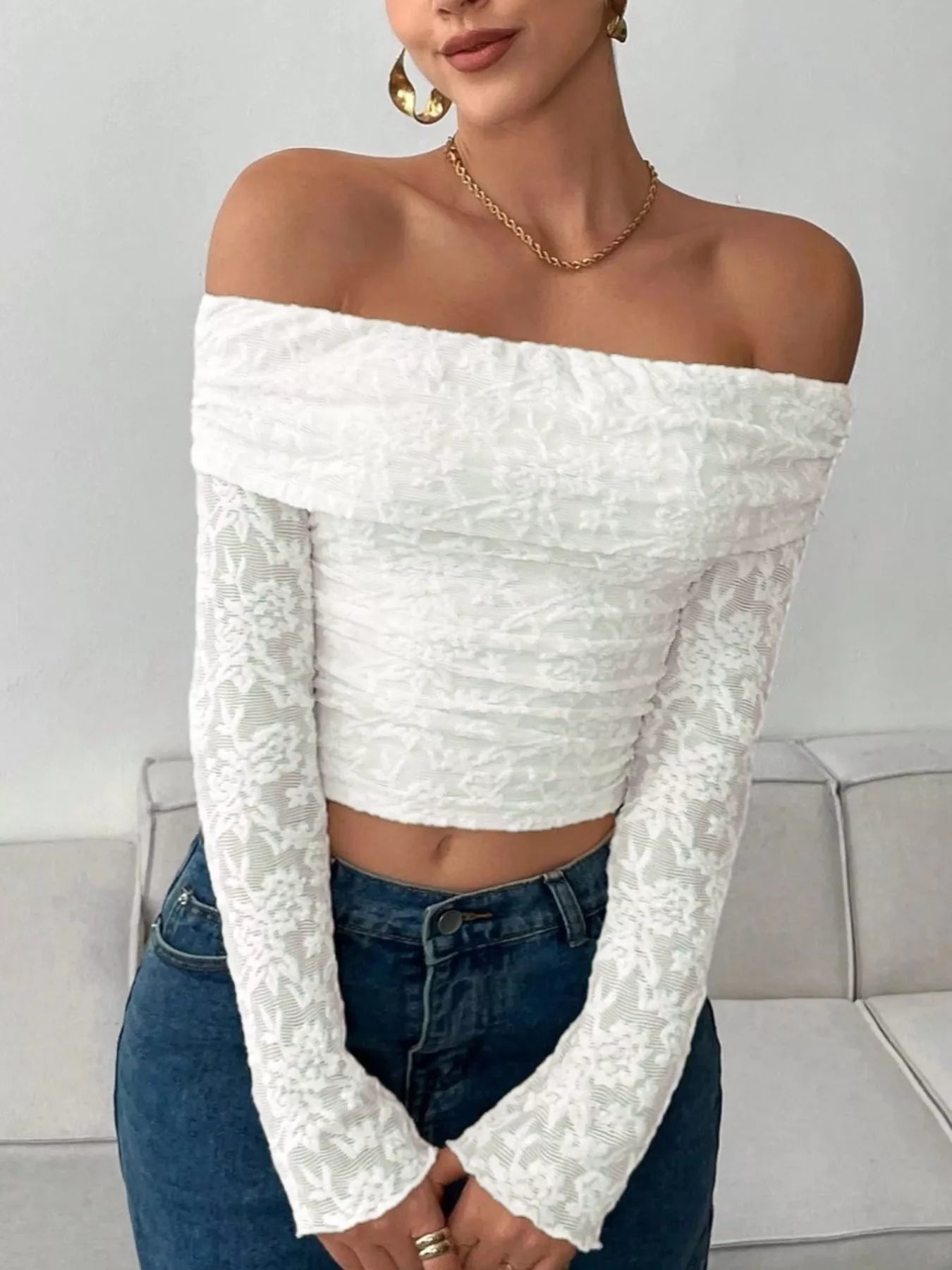 Lace Off-Shoulder Long Sleeve Top