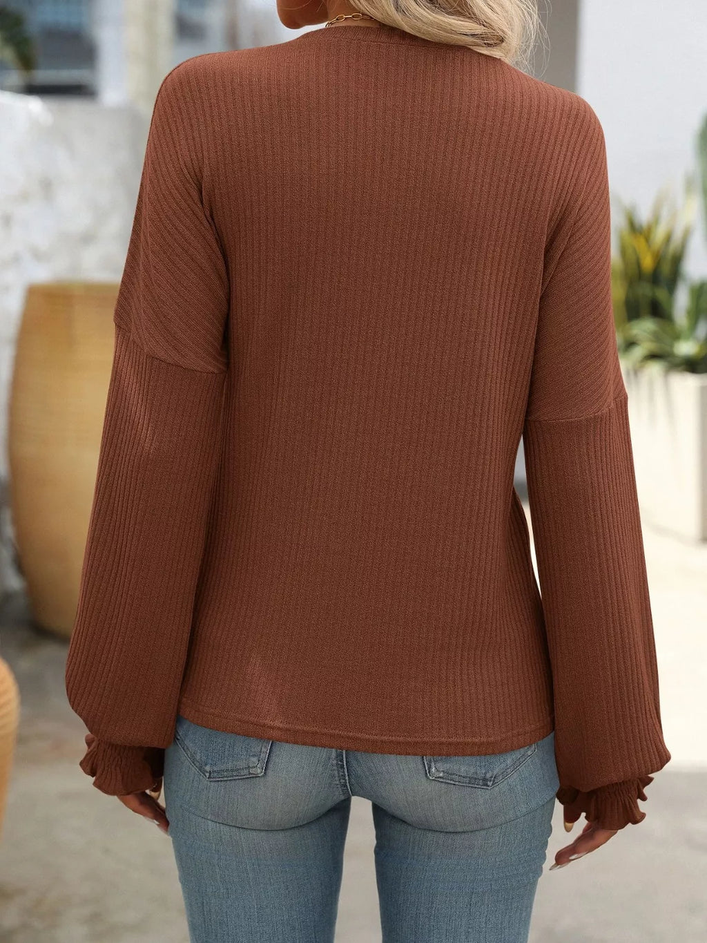 Ribbed Knit Ruffle Cuff T-Shirt