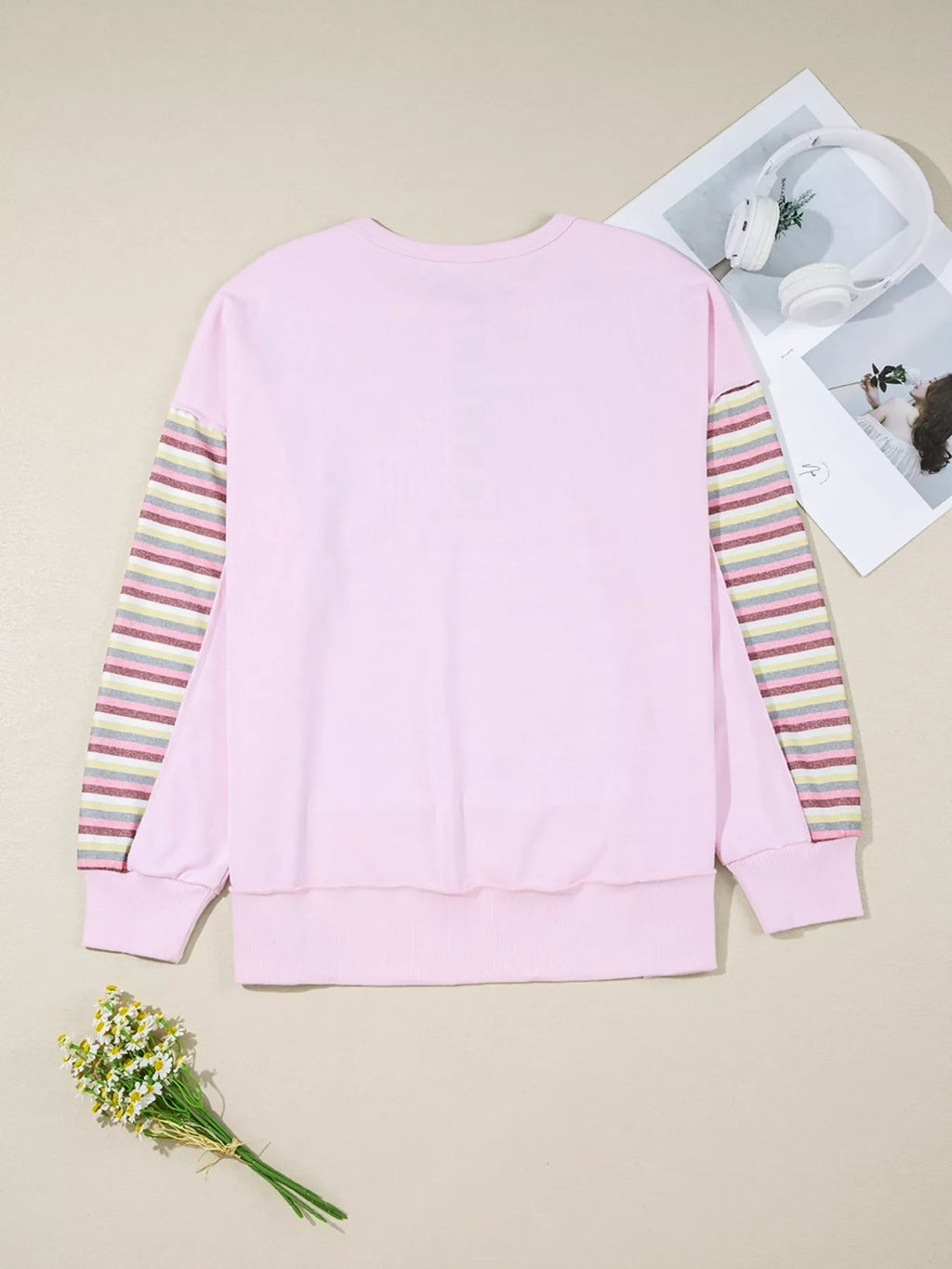 Exposed Seam Color Block Striped Patchwork Loose Henley Sweatshirt