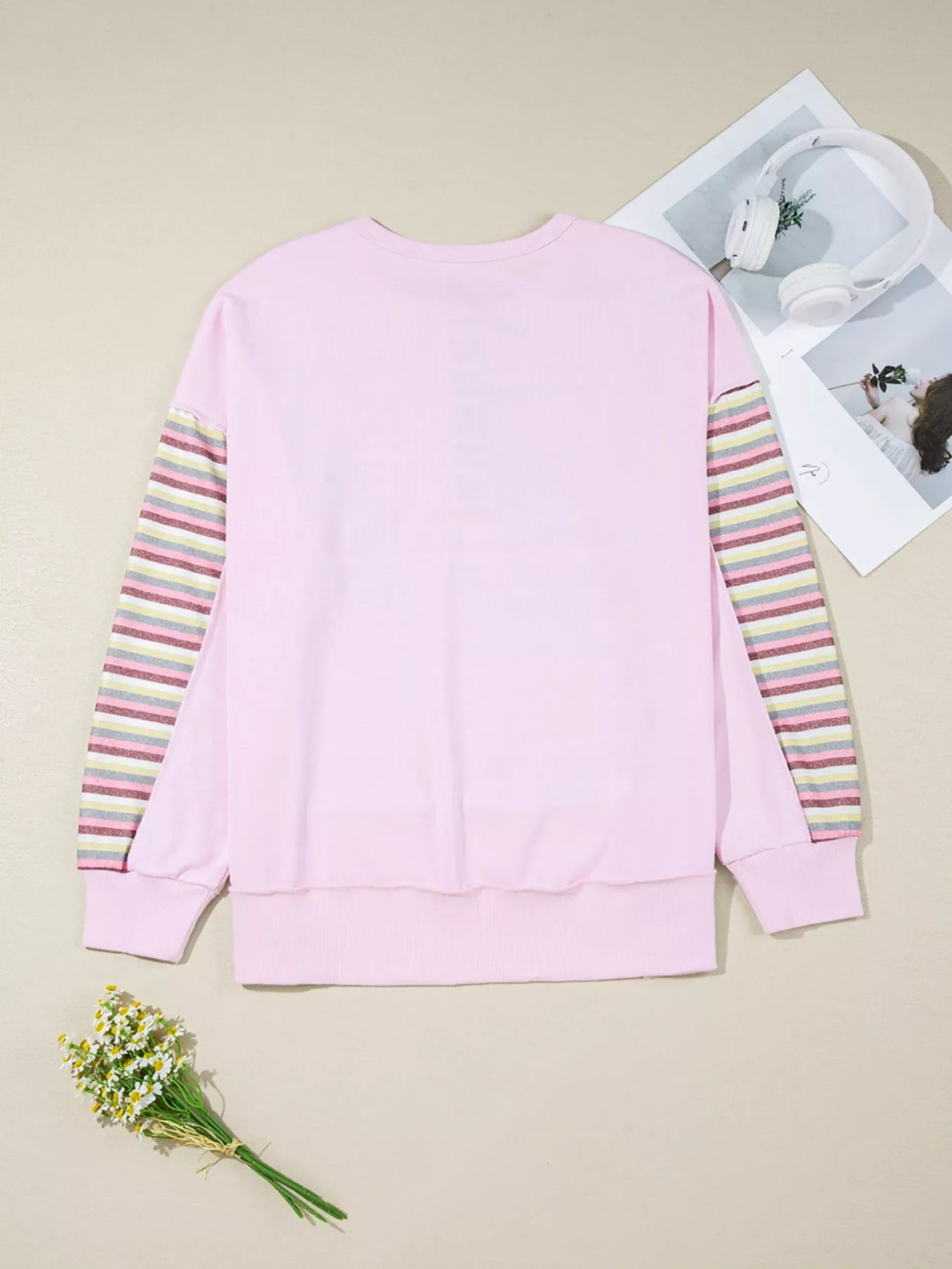 Exposed Seam Color Block Striped Patchwork Loose Henley Sweatshirt