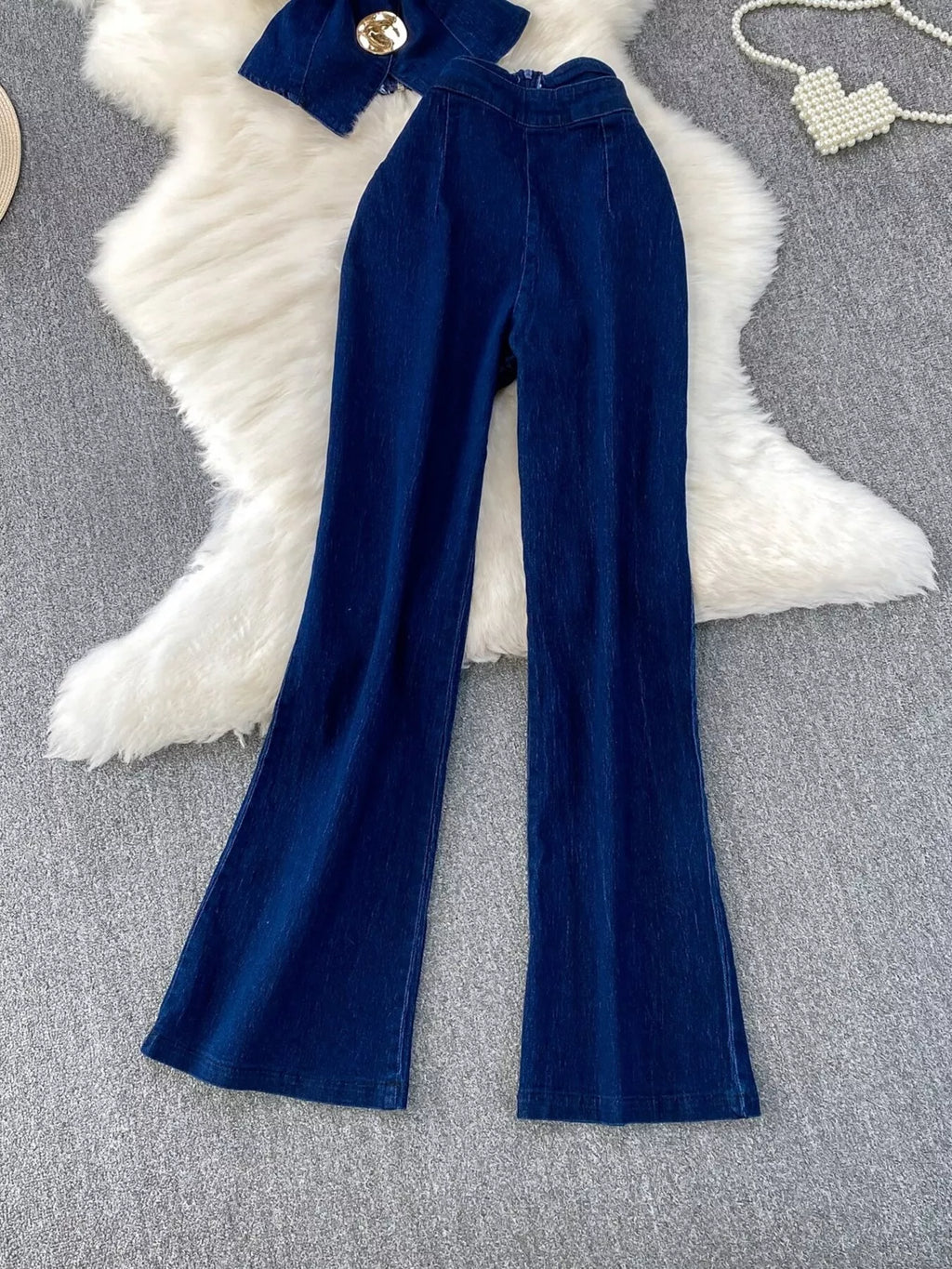 Button Detail Vest and Flare Jeans Denim Set