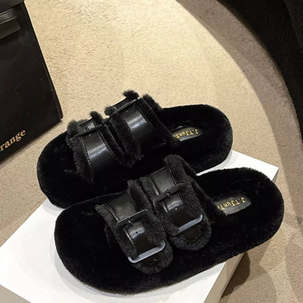 Fuzzy Buckle Detail Slippers