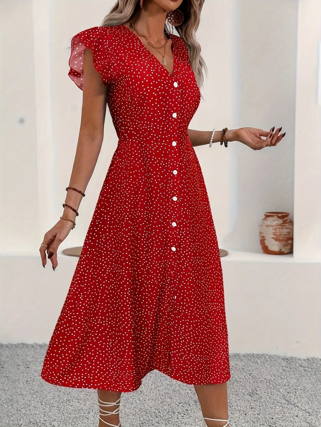 Button-Front Midi Dress with Ruffle Sleeves