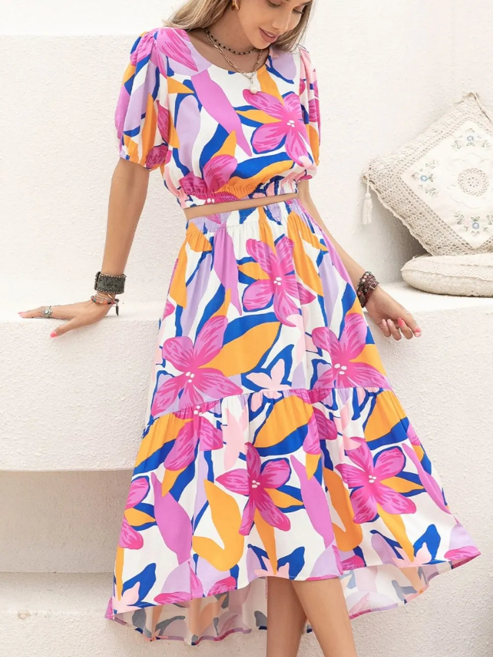 Printed Round Neck Top and Skirt Set
