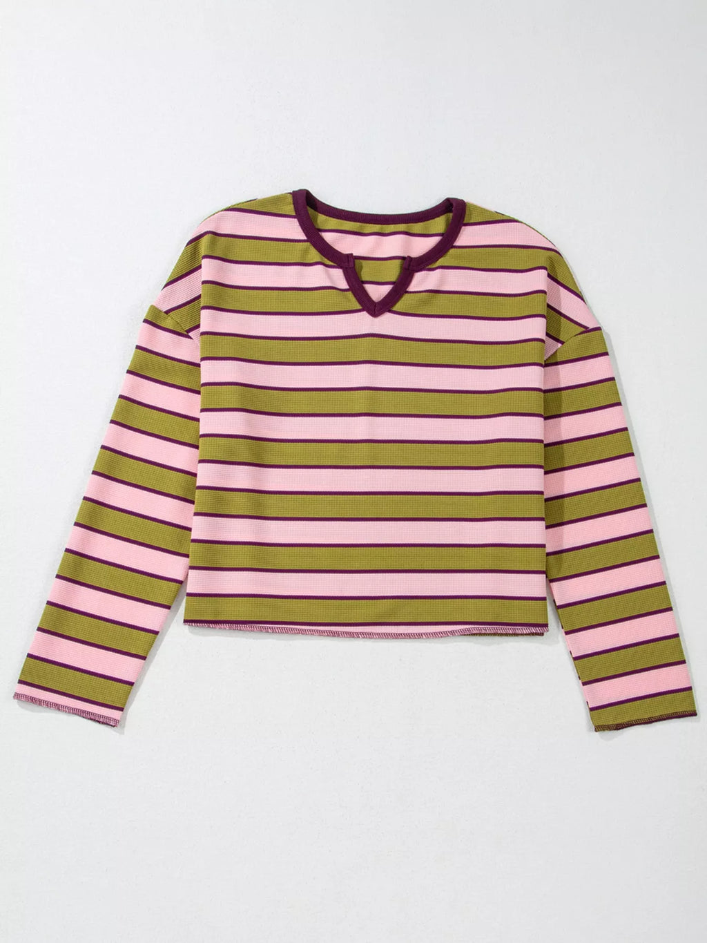 Stripes Waffle Texture Notched Neck Long Sleeve Top