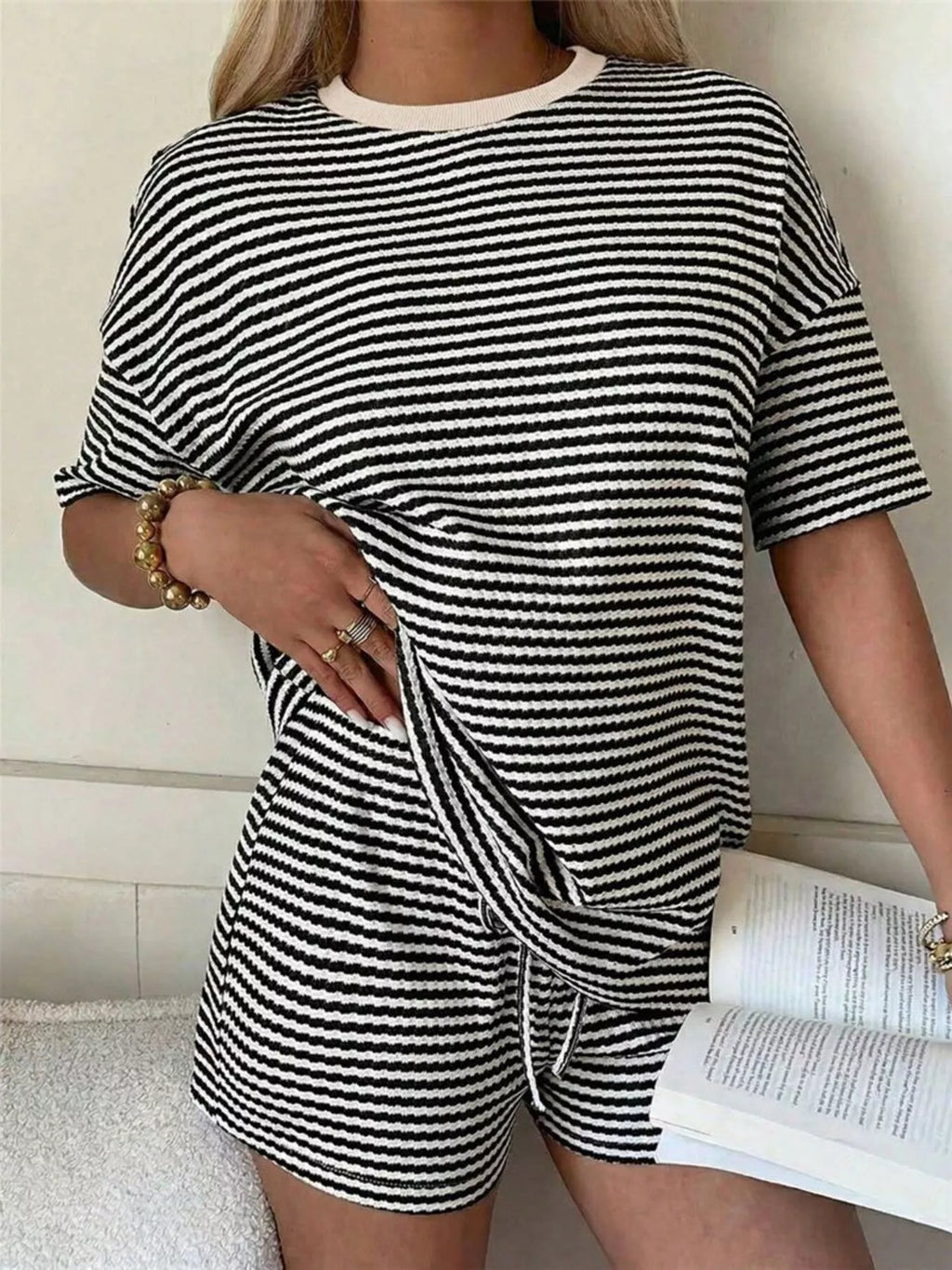 Striped Round Neck Tee and Shorts Set