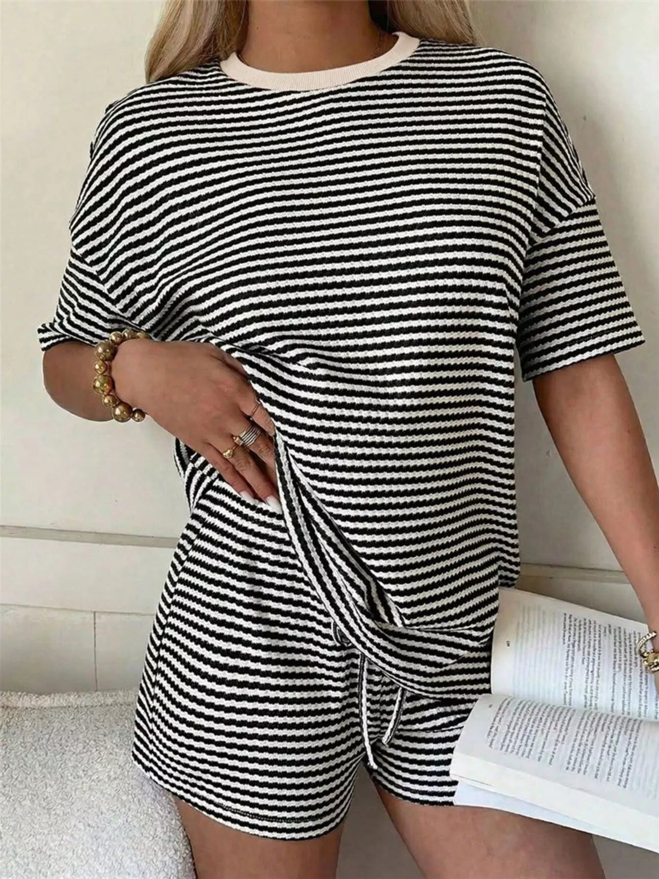 Striped Round Neck Tee and Shorts Set