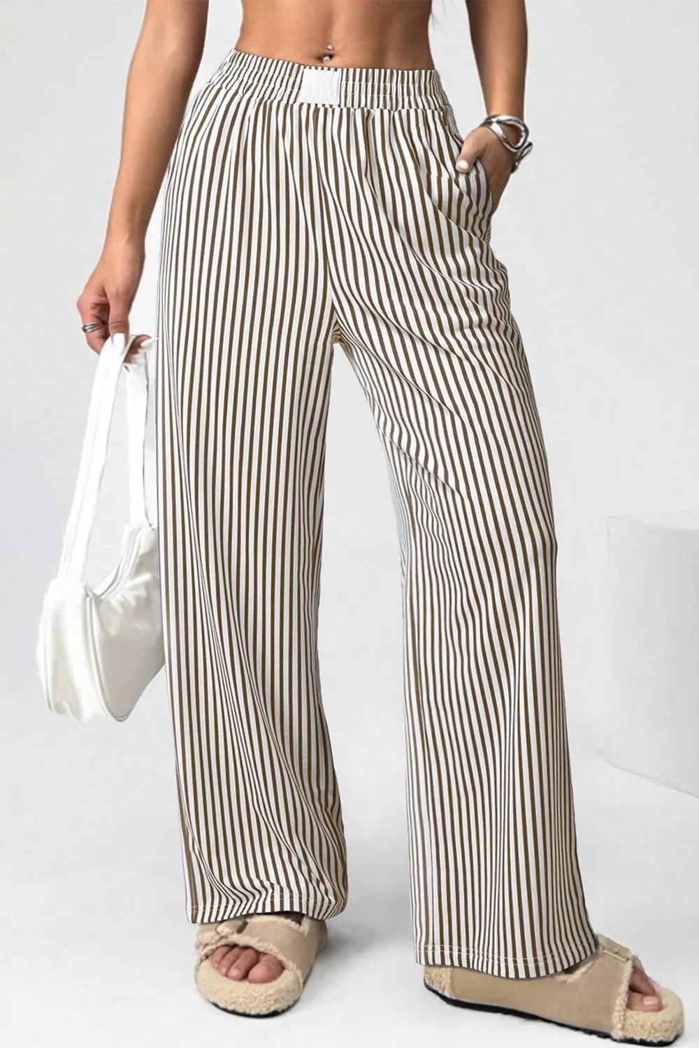 Stripe Elastic High Waist Pocketed Loose Pants