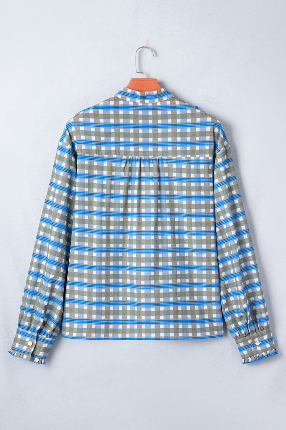 Plaid Long Sleeve Frilled Detail Half Button Blouse