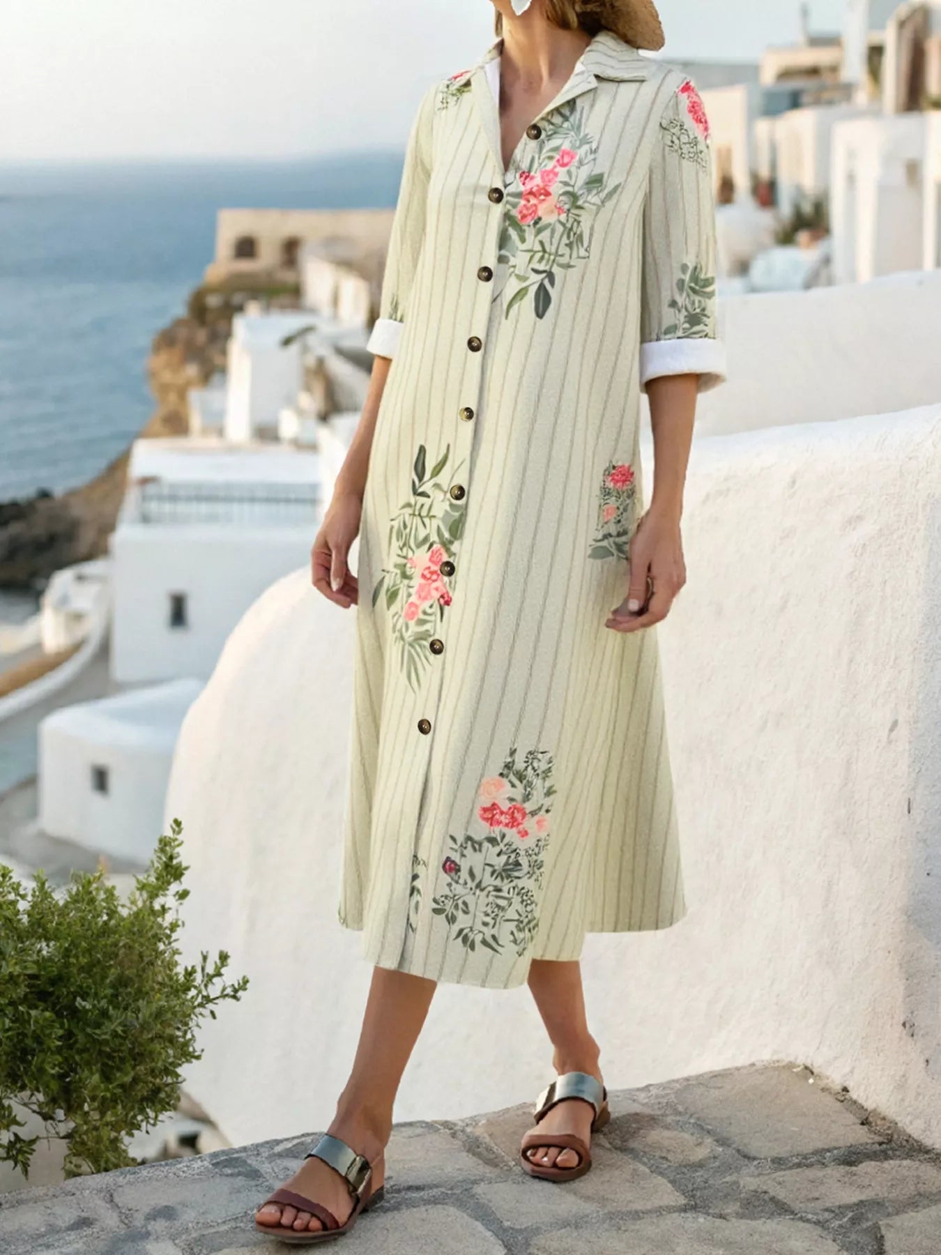 Plus Size Floral Striped Button-Down Midi Shirt Dress