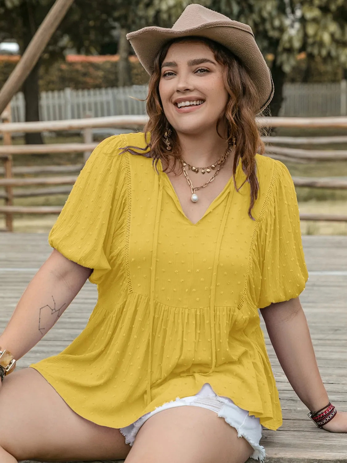 Swiss Dot Tie Neck Short Sleeve Blouse