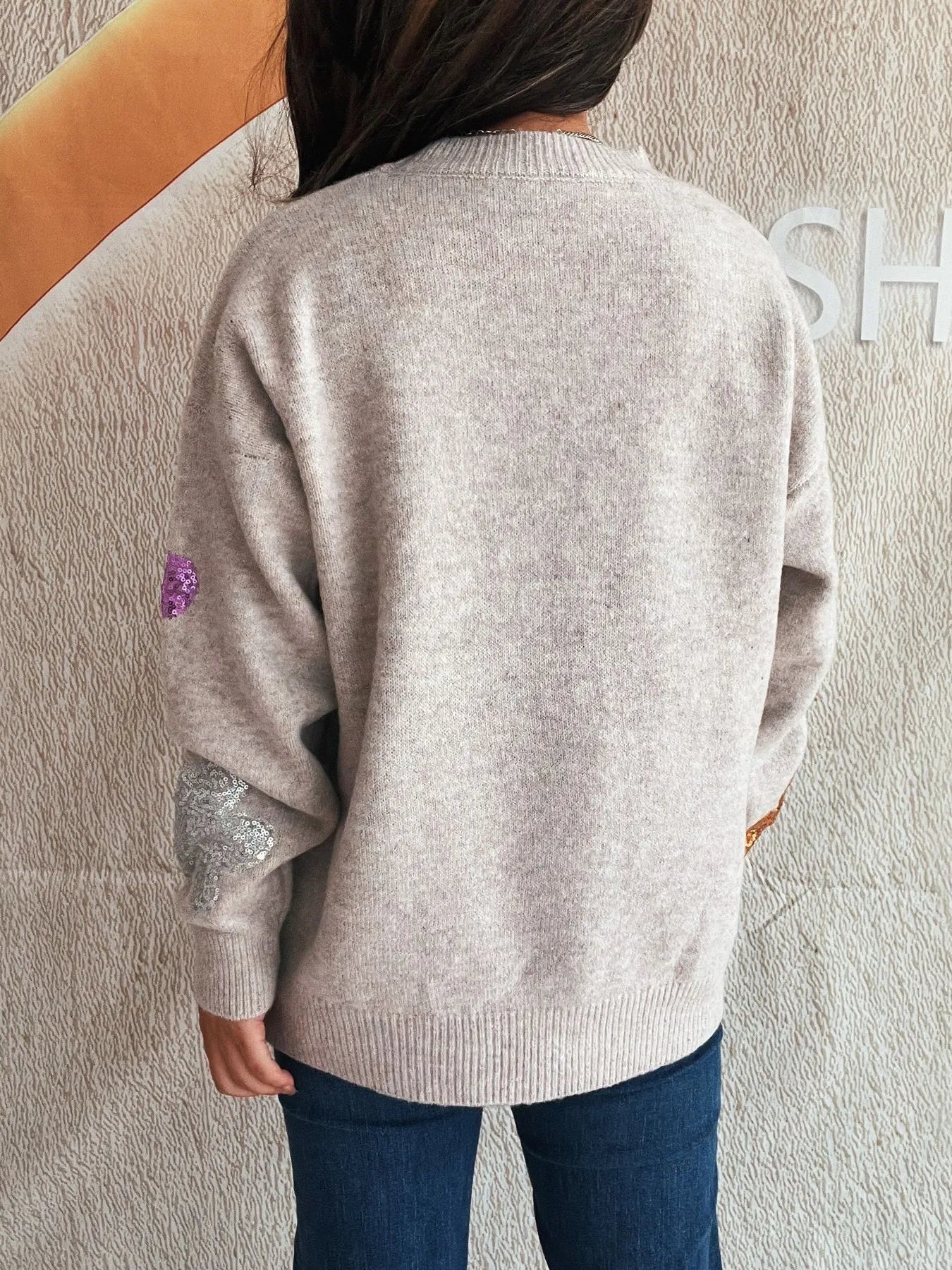 Sequin Flower Round Neck Long Sleeve Sweater