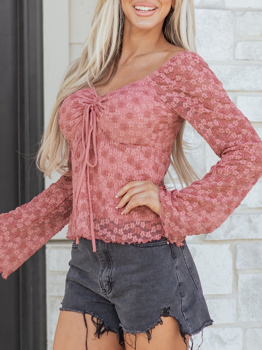 Drawstring Knot Detail Floral Lace Blouse