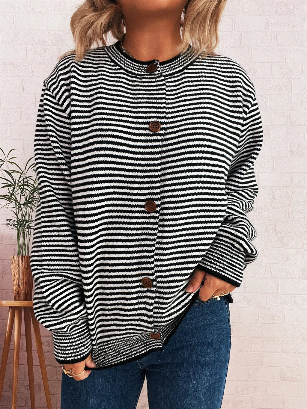 Striped Button Up Long Sleeve Cardigan