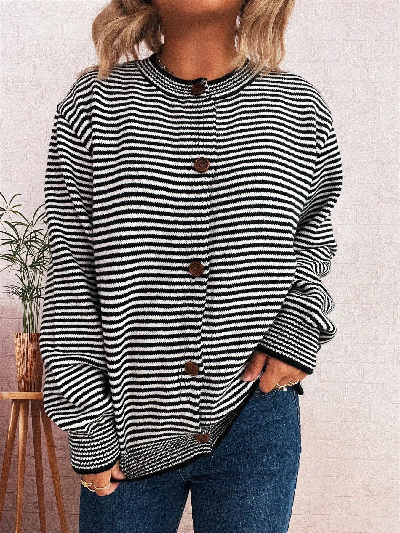 Striped Button Up Long Sleeve Cardigan