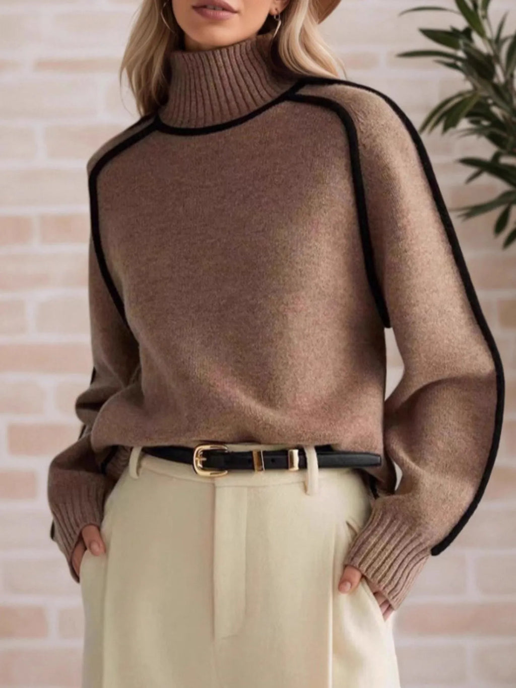 Contrast Trim Turtleneck Sweater