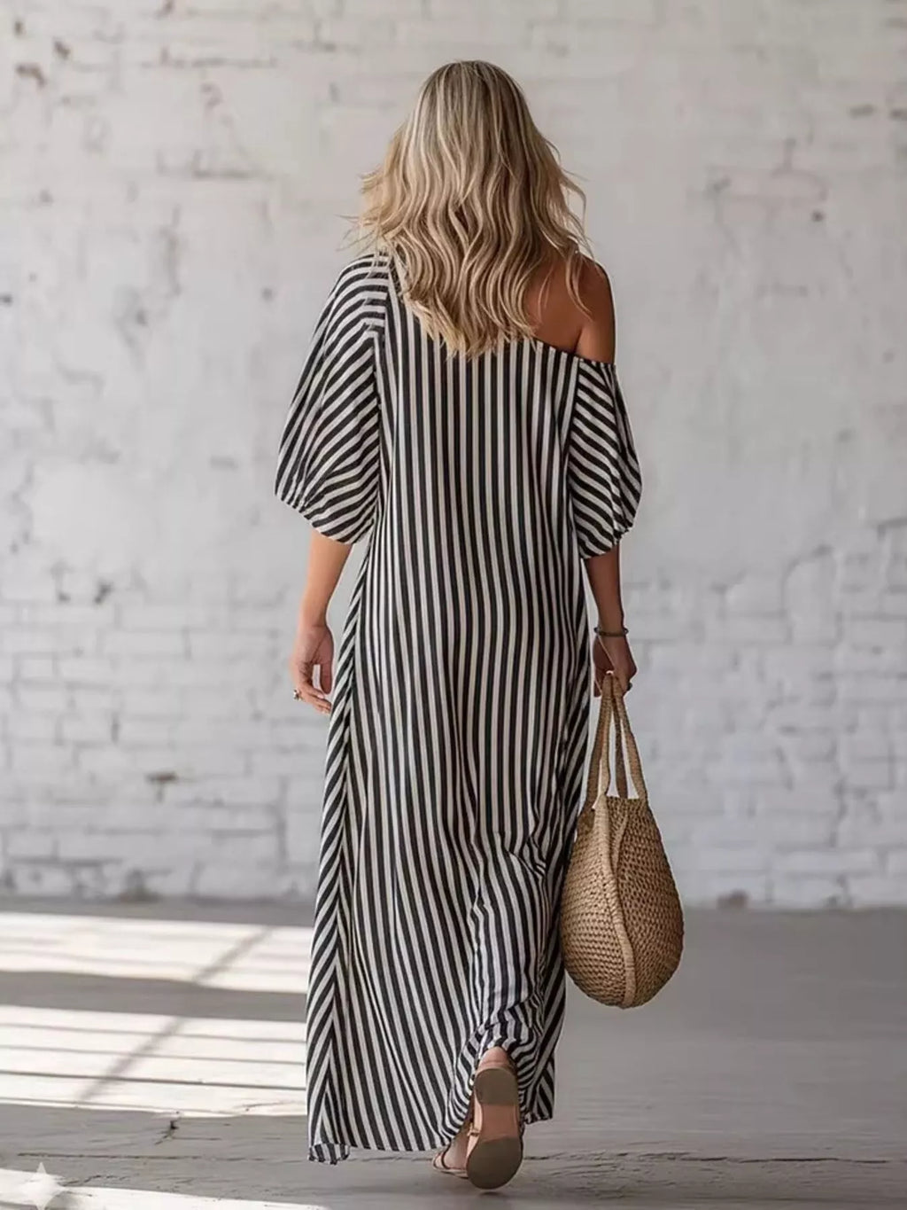 Full Size Striped One-Shoulder Casual Maxi Dress Plus Size