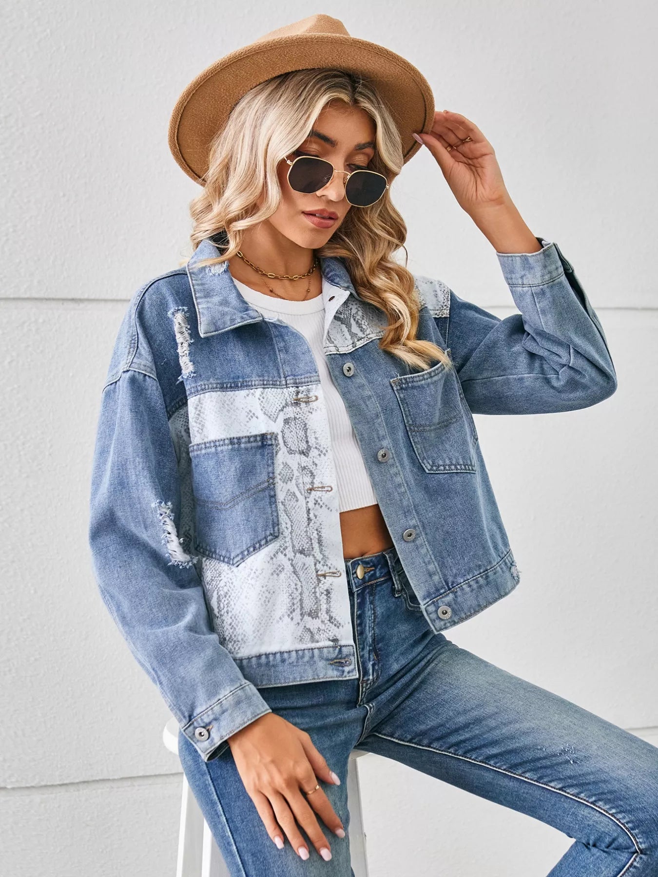 Snake Print Button Up Denim Jacket