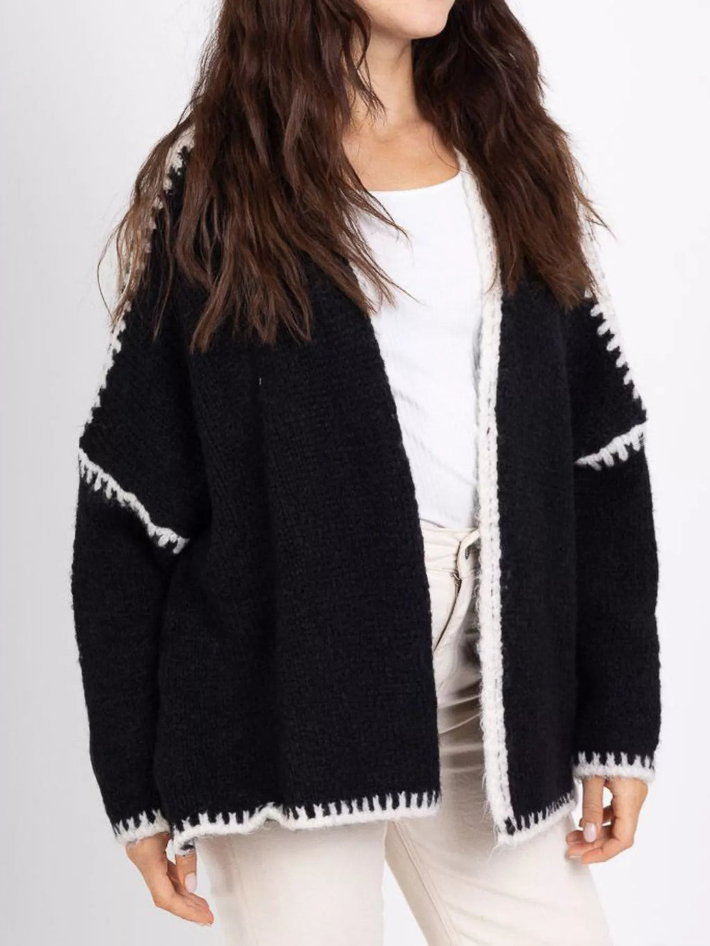 Contrast Trim Open Front Cardigan