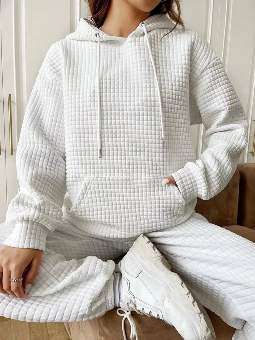 Waffle Knit Hoodie with Drawstring Details