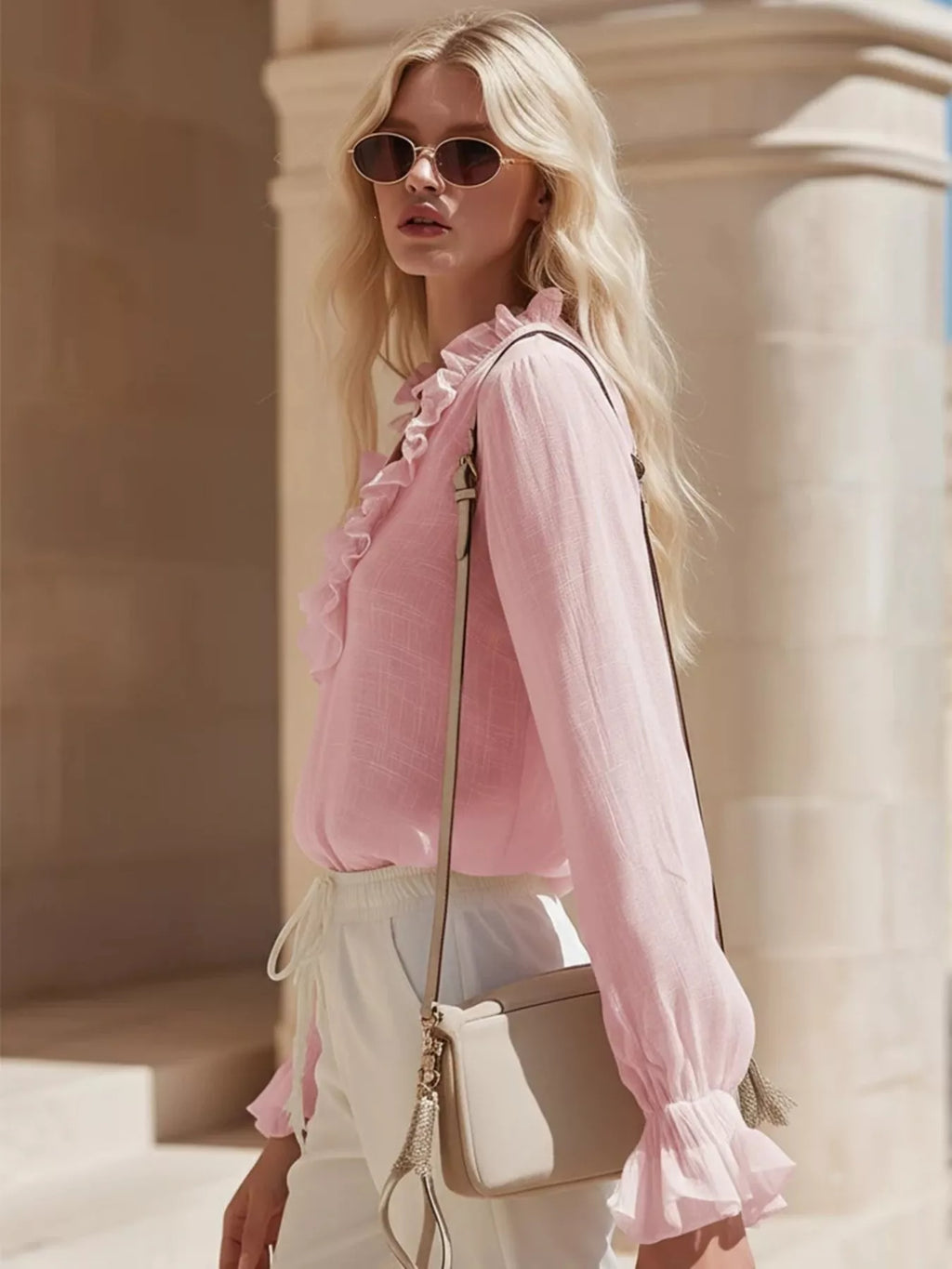 Ruffled V-Neck Long Sleeve Blouse