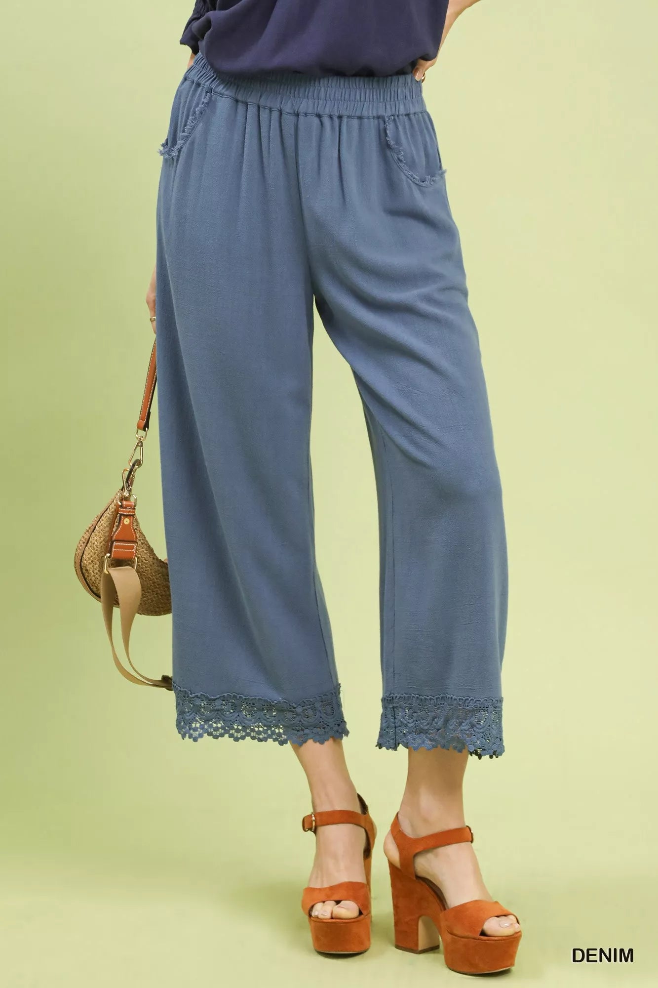 Umgee Linen Wide Leg Cropped Pants with Lace Trim
