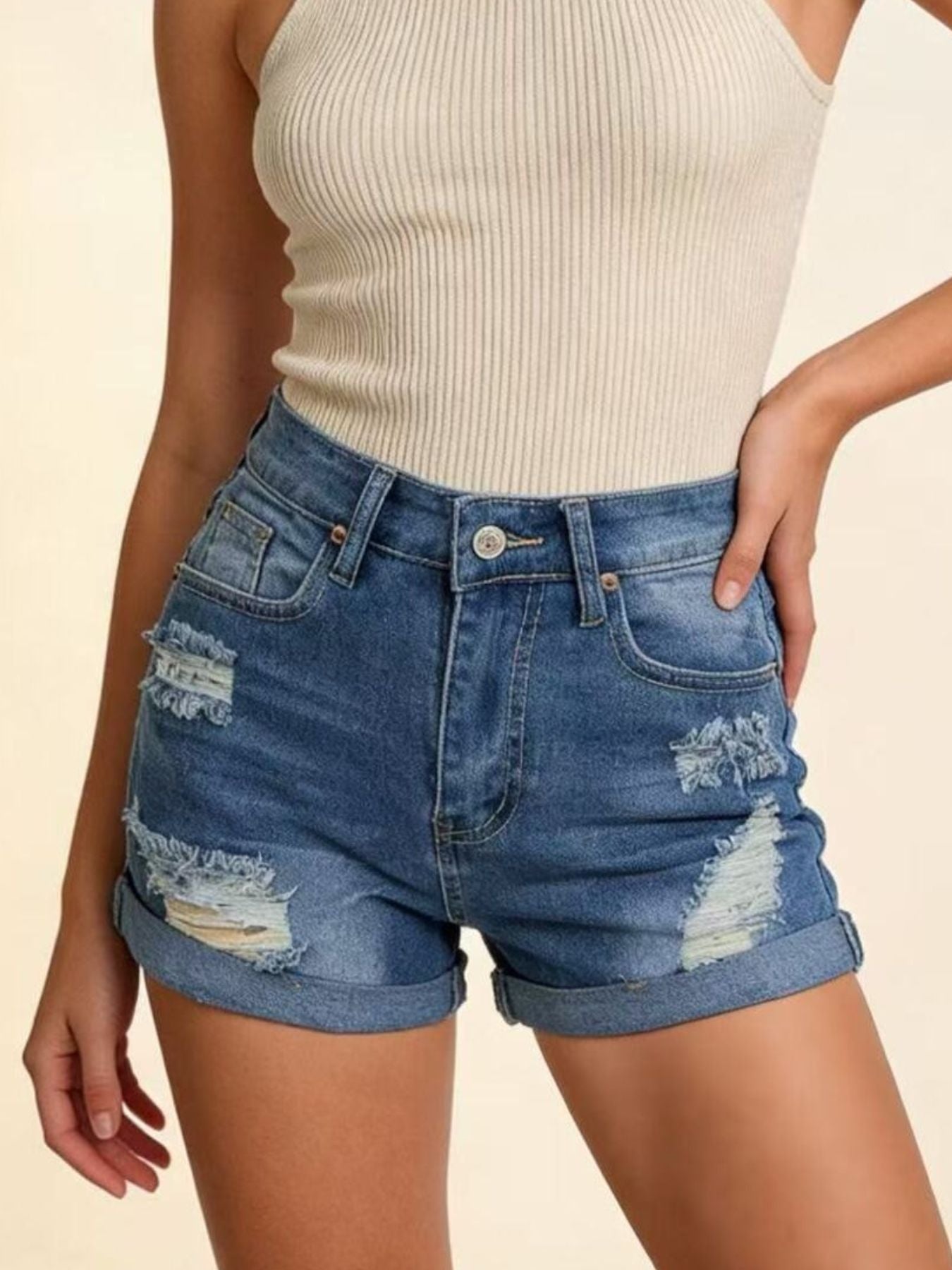Distressed High-Waisted Denim Shorts